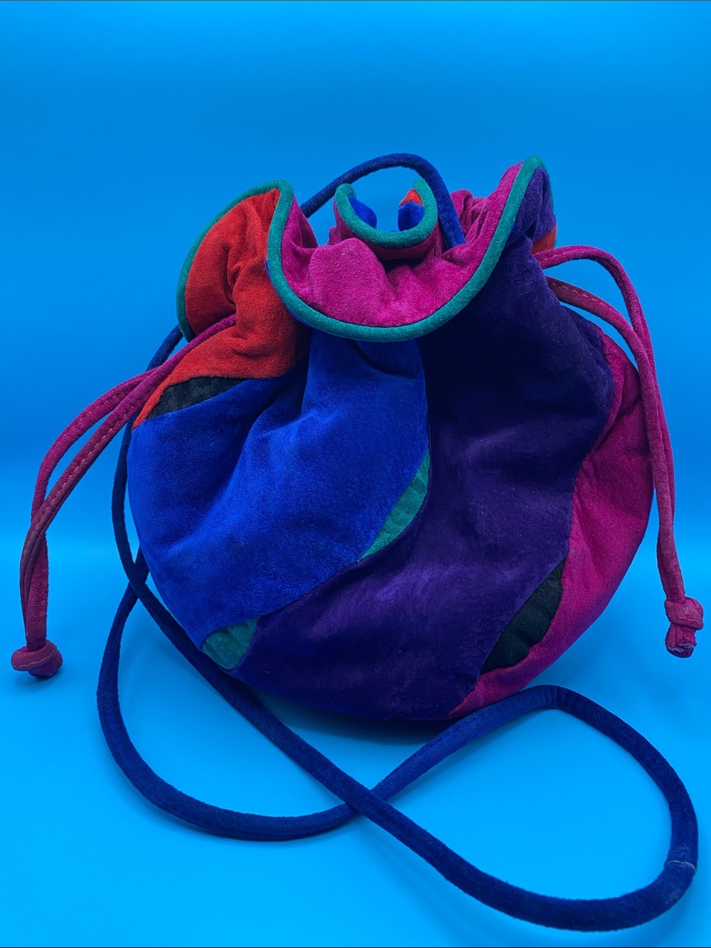 Vintage 90’s Colorful Suede Patchwork Drawstring  Bag